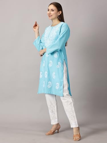 Image of FCH, Fashionable Chikan Handikraft Women's Cotton Lucknowi Chikankari Printed Straight Kurta for Regular Wear Girls Flared Kurta