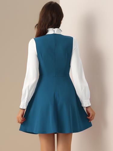 Image of Allegra K Tie Neck Dresses for Women's 1960s Vintage Long Sleeve Contrast Color Dress