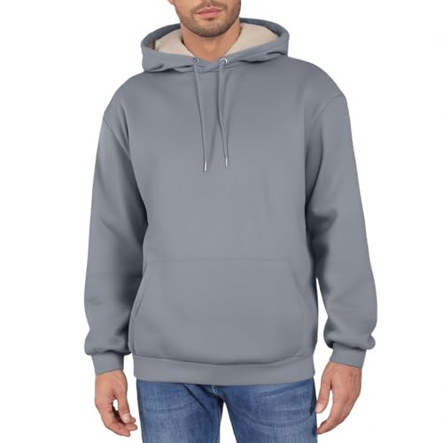Mens Hoodie Fleece Lined Pockets Fall Winter Clothes Baggy Classic Drop Shoulder Basic Fit Soft Hooded Sweatshirts