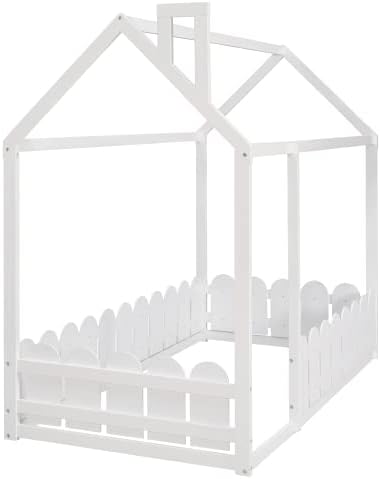 Miniatura 7 de Harper & Bright Designs Cama Montessori individual para niños, camas de piso de madera con rieles en forma de valla, cama de madera de tamaño