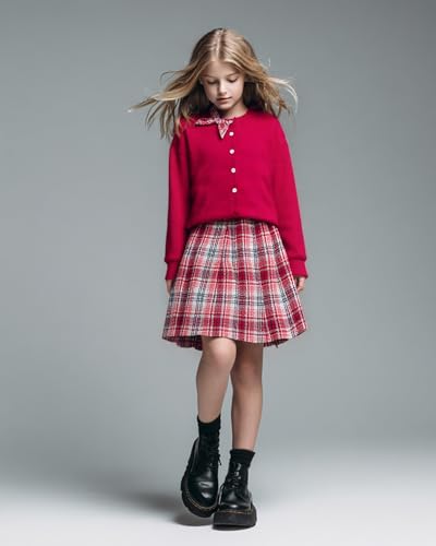 Image of PureChapter Girls' Preppy Clothes Plaid Vest Dress Cardigan Jacket Belt Cute Kids Clothes 7-14Y Green