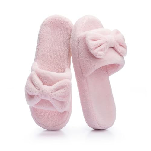NineCiFun Cute Womens Bow Slippers with Memory Foam Cozy Soft Open-Toe Slipper Non-Slip for Indoor and Outdoor Plush Coral Fleece House Shoes(Pink 7-8US)