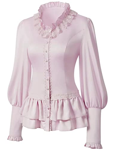 VANGARSUN Women Vintage Victorian Long Sleeve Corset Top Lace Ruffled Blouse Stand Collar Shirts(Pink,S)
