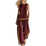 Outfits de Verano para Mujer Bloques de Color 2 Piezas Lino Conjuntos Sin Mangas Camiseta de Tirantes Pantalones Anchos Playa Vacaciones Outfit(Red,X-Large)