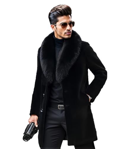 INVACHI Men's Faux Fur Coat Winter Long Faux Mink Coat Fluffy Thick Trench for Men