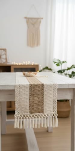 BOSALONI HOME - Camino de mesa de 180 x 30 cm, color marfil café, mantel largo rectangular jacquard con flecos, elegante centro de mesa decorativo para mesa de comedor, cocina y salón - Marfil_café