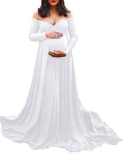 YAOTT Frauen Baumwolle Mutterschaft Bodycon Maxi Kleid Umstandskleid Schulterfrei Langarm Schwangerschaftskleid Für Fotoshooting Baby Shower,Weiß,M Cover