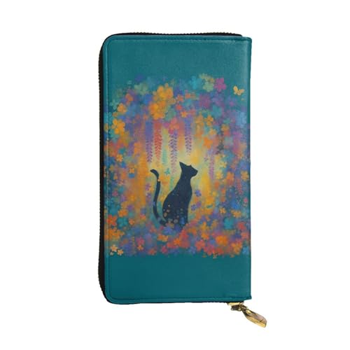 DaihAnle Black Cat Amidst Floral Cascade ﻿Hand-Held Wallet Fashionable Long Microfiber Leather Large Capacity