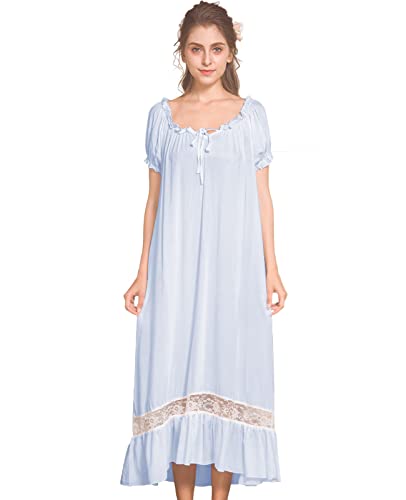 Nanxson Women's Vintage Nightgown Short Sleeve Nightdress Lace Victorian Nightwear Lounge Dress (Large, Blue) #TOP1