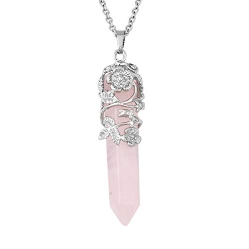 Shop LC Delivering Joy Rose Quartz Crystal Healing Flower Wrapped Pendant Stainless Steel