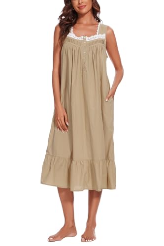 Image of AVIIER 100% Cotton Nightgowns for Women Sleeveless Sleep Dress Ladies Gowns Sleepwear with Pockets