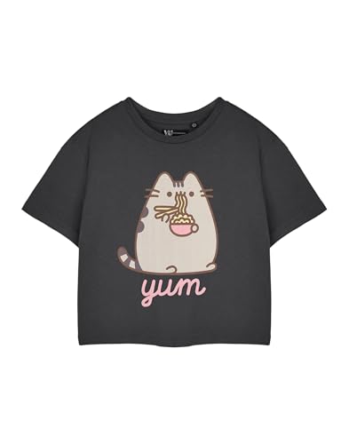 Pusheen Yum Noodles Camiseta Corta Color carbón para Mujer | Camiseta gráfica Top de Manga Corta | Ropa Linda de la Historieta del Gato | Ropa Casual cómoda | Camisa con Estampado de Fideos Yum