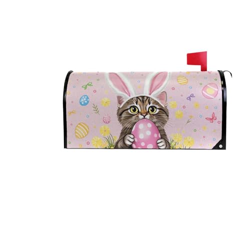 Image of Easter Bunny Cat Pink Magnetic Mailbox Covers Happy Easter Day Eggs Rabbit Butterfly Mailbox Cover Standard Size Full Magnet Garden Yard Porch Mail Boxes Cover Holiday Decorations 21 inch L x 18 inch W