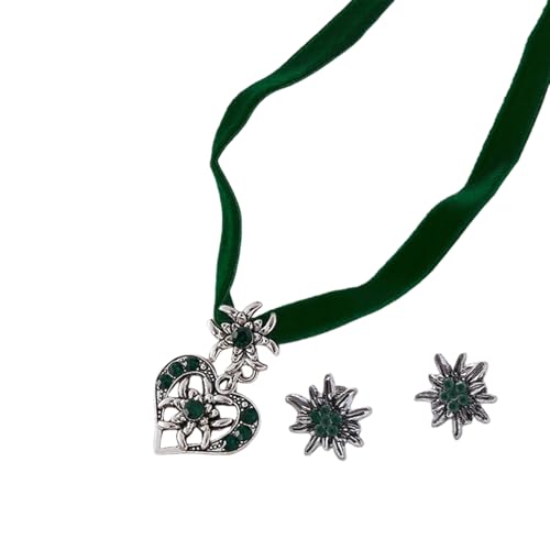 Oktoberfest Trachtenschmuck Damen Trachtenschmuck Oktoberfest Halskette Ohrringe Herz Edelweiss Dirndl Bayerisch Dirndl Trachtenkette Dirndl Trachtenschmuck (Grün)