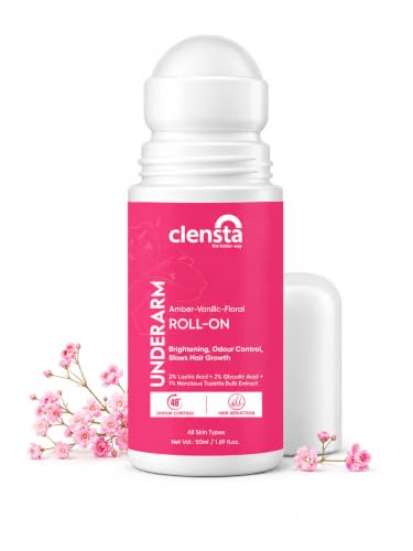 Image of Clensta Amber Vanillic Floral Underarm Roll-On For Women & Men | Controls Body Odour | Helps Brighten Dark Underarms | Reduces Hair Regrowth | Long-Lasting Floral Fragrance | Non-Sticky Formula | 50 ml