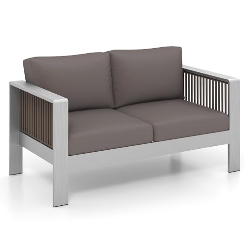 Tangkula Patio Aluminum Loveseat Sofa, Outdoor Furniture Set with Thick Back & Seat Cushions, Outside 2 Seats Sofa Conversation Set for Yard, Balcony, Garden