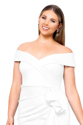 Image of Xscape Women's Bodycon Midi Off-The-Shoulder Ruffle Dress with Center Back Zipper, Petite & Plus Size