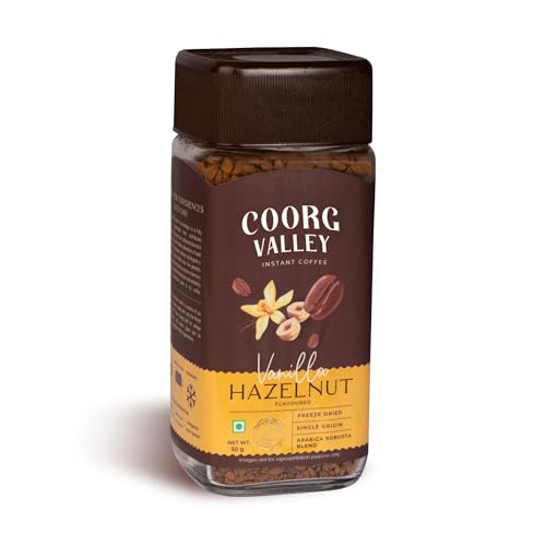 Image of Coorg Valley Vanilla Hazelnut Instant Coffee 50g | Flavoured Coffee | Premium Blend of Robusta & Arabica | Freeze Dried | Make Cafe Style Hot & Cold Coffee at Home