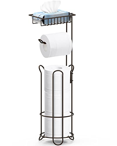 Howdah Porte Papier Toilette sur Pied Bronze avec Tablette Supérieure, Porte-Serviettes en Papier pour Salle de Bains avec Distributeur et Rangement, Distributeur pour 3 Rouleaux de Rechange