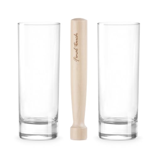 Final Touch Premium Mojito Set - Includes 2 Tom Collins Glasses & Wooden Muddler - 10oz Slim Highball Glasses with Thick Base - Complete Cocktail Kit for Perfect Mojitos (FTA1835)