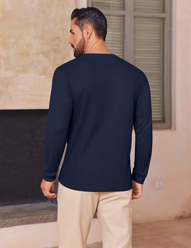 Ekouaer Mens Henley Long Sleeve Shirts Waffle T-Shirt Lightweight Thermal Undershirts Navy Blue M3