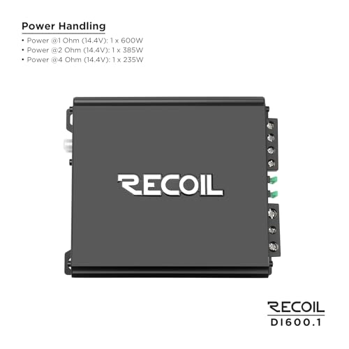 Image of Recoil DI600.1 Class-D Car Audio Mono-Block Subwoofer Amplifier, 1200 Watts Max Power, 2 /4 Ohm Stable, Mosfet Power Supply, Remote Bass Knob
