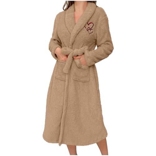 Flannel Pajama Robe for Women Solid Printed Long Bathrobes with Pocket Fashion Casual Nightgown Faux Velvet Pajamas Khaki