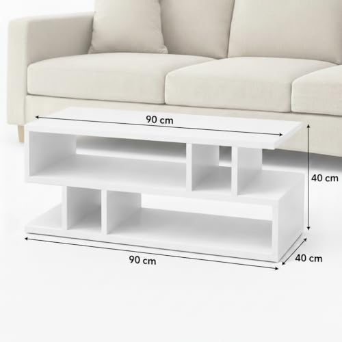 Image of FURLAY Zentro White Coffee Table for Living Room, Modern Engineered Wood Center Table with Multi-Level Open Storage Shelves, 90 x 40 x 40 cm (FWCT2-White)