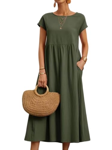 Robe d'été pour Femme Manches Courtes Unie Robe décontractée Longueur Genou Robe midi avec Poches Longue Femme Ete Plage Manches Courtes Casual élégante...