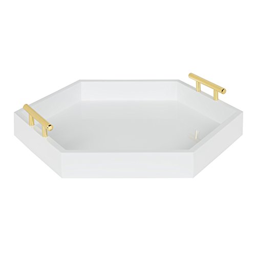 Image of Kate and Laurel Lipton Hexagon Decorative Tray with Polished Metal Handles, White and Gold