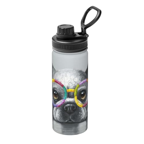 水筒 面白い 油彩 眼鏡 フレンチブルドッグ 犬柄 ステンレスボトル 魔法瓶 500ml 直飲み 保冷保温 真空断熱 スポーツボトル 大容量 ハンドル付き 持ち運び 漏れ防止 おしゃれ 登山 アウトドア 通勤 通学