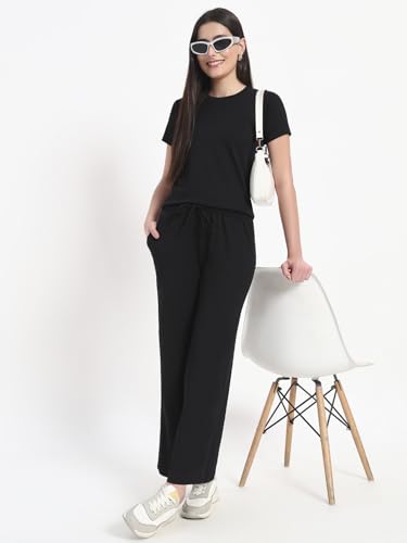Image of Vogaan Women's Summer 2 Piece Co-Ord Set for Women Casual Short Sleeve Crop Top Wide Leg Sweat Pants for Travel Vacation Outfits Lounge Sets