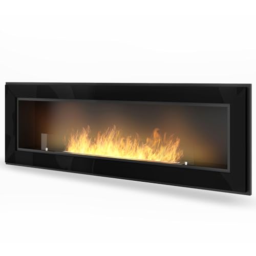 SIMPLE fire Chimenea de pared de bioetanol Frame 1500. Ubicado en una alcoba. para el hogar, el salón o el dormitorio. Foco ecológico Potencia 3 kW – 2 L (2 – 3 horas). 1500 x 490, negro, cristal