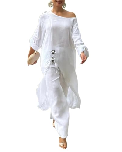 CHICME Women 2 Piece Outfits Cold Shoulder Long Sleeve Top Wide Leg Pants Linen Matching White Lounge Set Casual Vacation Outfits-L