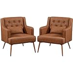 Yaheetech Accent Chair, Living Room Chair Mid Century PU Leather Armchair Lumbar Pillow, Comfy Upholstered Reading Chair Wood Leg Bedroom Brown 2PCS - Image 3