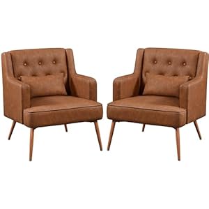 Yaheetech Accent Chair, Living Room Chair Mid Century PU Leather Armchair Lumbar Pillow, Comfy Upholstered Reading Chair Wood Leg Bedroom Brown 2PCS