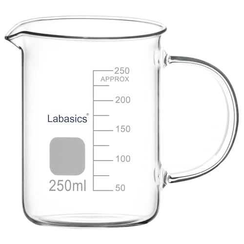 Labasics Glasbecher, G3.3 Borosilikat Laborglas Messbecher Transparenter Messbecher Becher mit Griff und Ausguss, 250 ml