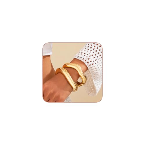 Image of Salircon Gold Bangle Bracelets for Women Gold Wide Chunky Bracelets Trendy Hinged Cuff Open Chunky Bracelet Irregular Jewelry