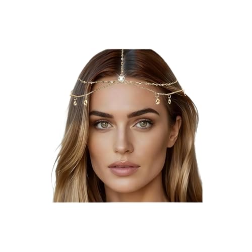 Cadena de Cabeza Mujer, Cadena Bohemia de Doble Capa, Joyería para la Cabeza Cristal Elegante, Fashion Accesorios Cadenas para el Pelo de Belleza, para Bodas, Fiestas, Festivales, Regalos (Dorado)