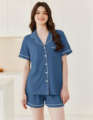 Image of Ekouaer Womens Waffle Knit Pajama Sets Soft Short Sleeve Button Down Sleepwear Cozy 2 Piece Pjs Shorts Set