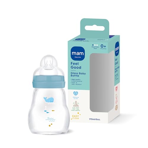 MAM Feel Good Glass Bottle | 0+ Mon | 170 ml | Babyflasche für Neugeborene | 94% Akzeptanz | stillfreundliche Milchflasche | hygienische Glasflasche für Babys | Wal