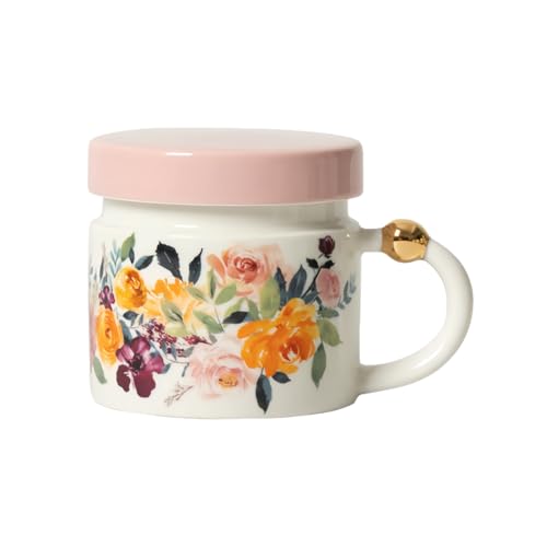 HUMOCHUSON Tazas Originales Taza De Cerámica Estilo Pastoral De 380 Ml Con Tapa, Diseño Floral Dorado, Ideal Para Café, Té De La Tarde Y Apta Para Microondas.