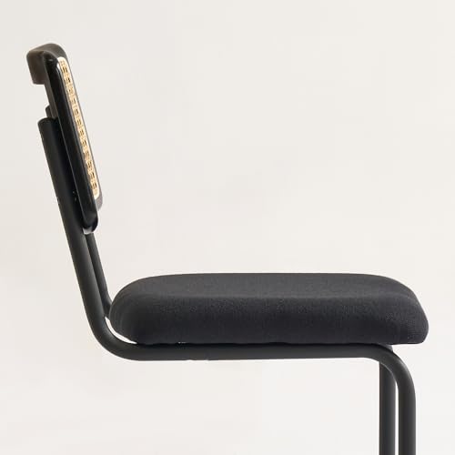 Natural Rattan Counter Height Stools Set of 3 with Solid Wood Back, 24 Inch Mid Century Modern Cesca Bar Stools, Black Upholstery Boho Stools for Kitchen Counter with Black Coating Metal Legs