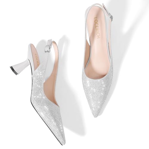Image of LOCERICH Women's Kitten Heels Slingback Low Heel Dress Shoes Closed Toe Pumps Rhinestone Pointed Toe Sparkly Sling Back Bridal Wedding Party