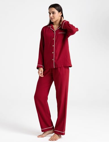 Image of Womens Muslin Pajama Set 100% Cotton Double Gauze Linen Like | Breathable Soft Comfort Button Up Loungewear Sleepwear PJ Set