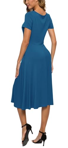 Image of EXCHIC Women's Casual Round Neck Short Sleeve Midi Dress Solid Stretchy Waist Knee Long Dress