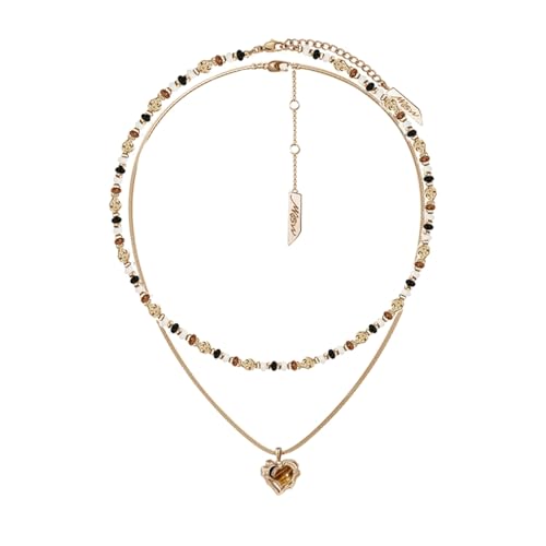 MASW Retro temperament brown beaded collarbone chain fashionable heart-shaped tiger eye stone pendant necklace personality double layer necklace exquisite women's accessories M2730001