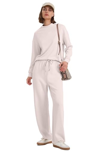 Image of WIHOLL Two Piece Sets for Women Fall Outfits Lounge Sets Mock Neck Tops Wide Leg Pants Vacation Travel Airport Outfits