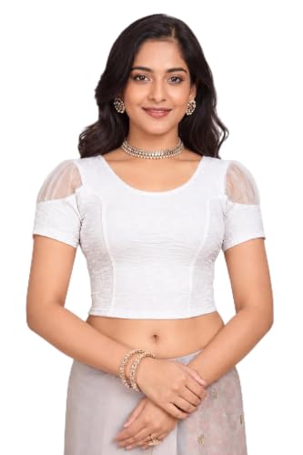 Image of SFT Women's Organza Patch Readymade Saree Blouse with Round Neck Half Sleeves Abstract Pattern Pull On Closure Regular Fit and Standard Length