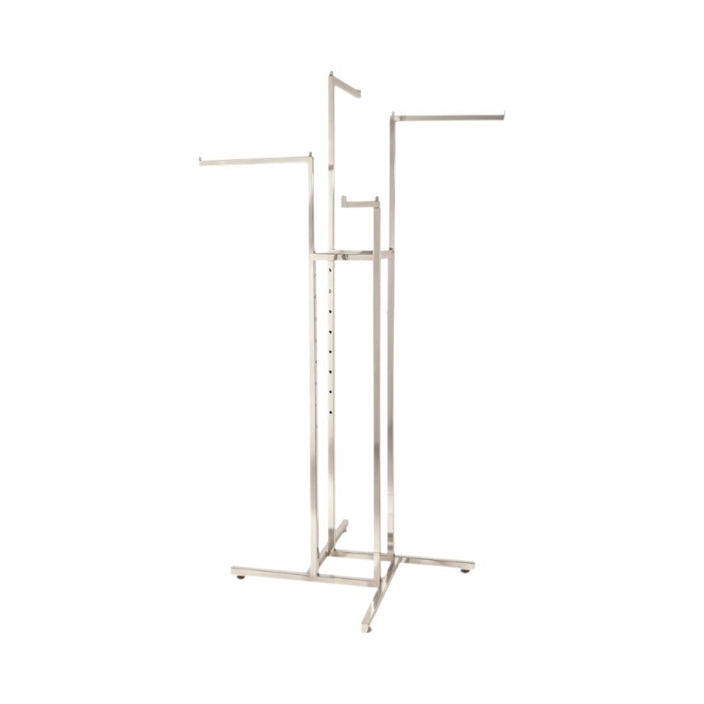 Shoplines Supplies Silver Chrome Clothes Display Stand 4 Straight Adjustable Arms Heavy-Duty Retail Garment Rail With Polished Finish Flat-Pack Assembly Ideal For Shops, Boutiques, Exhibitions